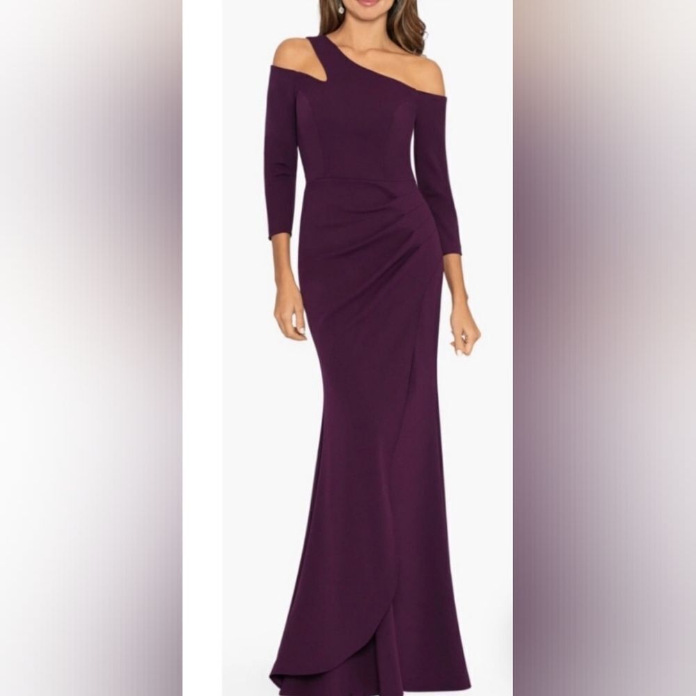 XSCAPE Off the Shoulder Three-Quarter Sleeve Scuba Gown NWT 4 Mulberry/Purple
